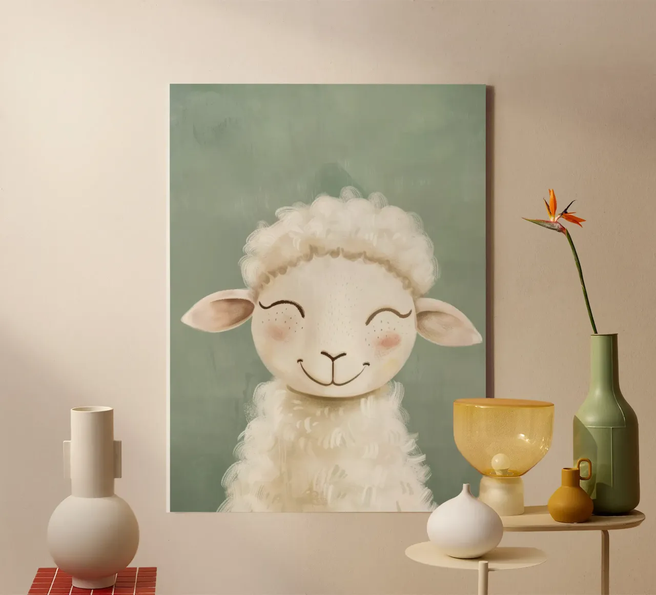 Cute cartoon sheep smiling with fluffy wool canvas by DesignDoodle