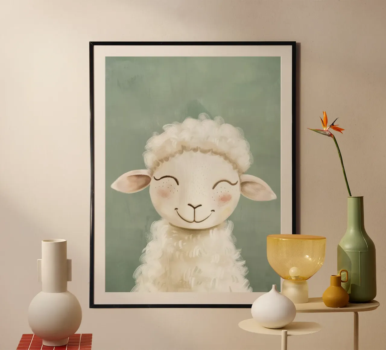 Cute cartoon sheep smiling with fluffy wool poster by DesignDoodle