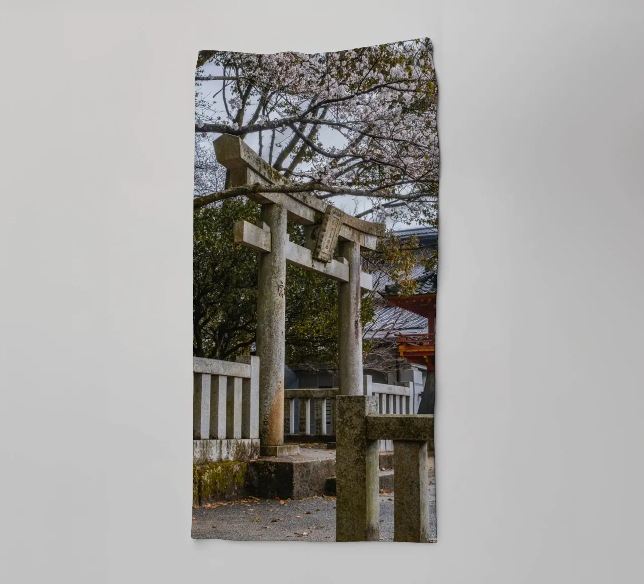 Porta Torii con fiori di ciliegio a Fukuoka, Giappone asciugamano da bagno da Marcel Bisig