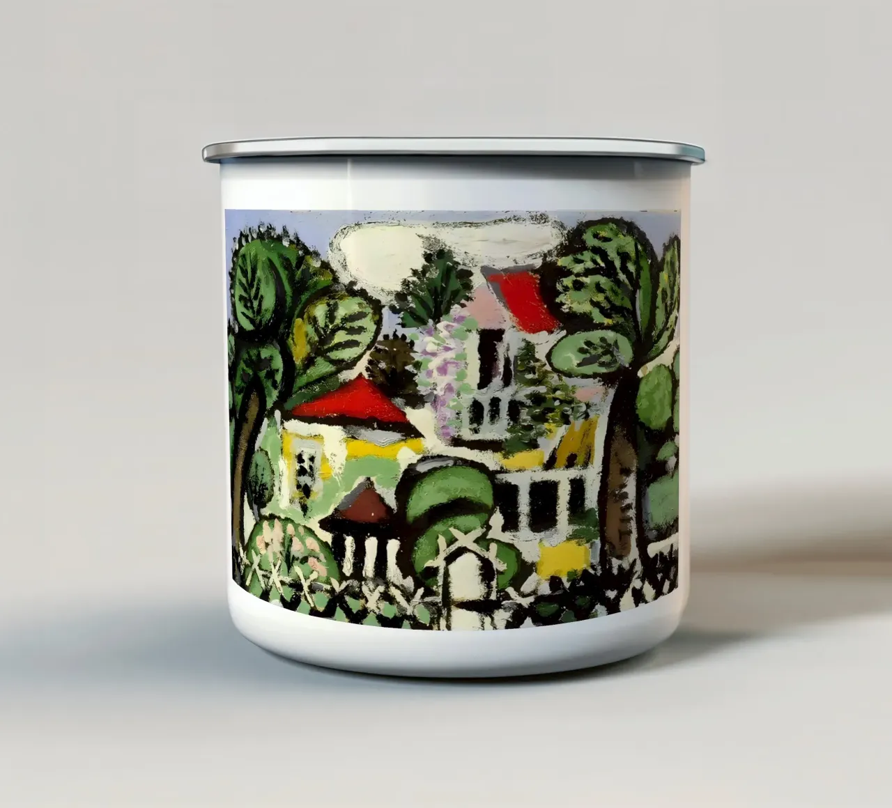 Paesaggio di campagna del villaggio di arte popolare naif tazza in smalto da homdeco