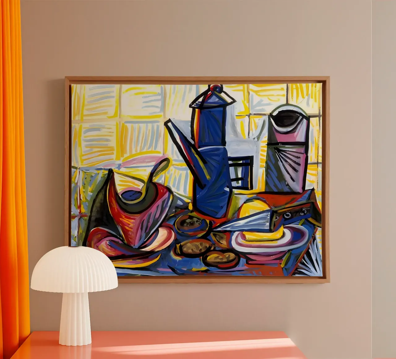 Kubistisch Stilleven Koffie Pot Abstract Keuken Kunst canvas met Baklijst van homdeco