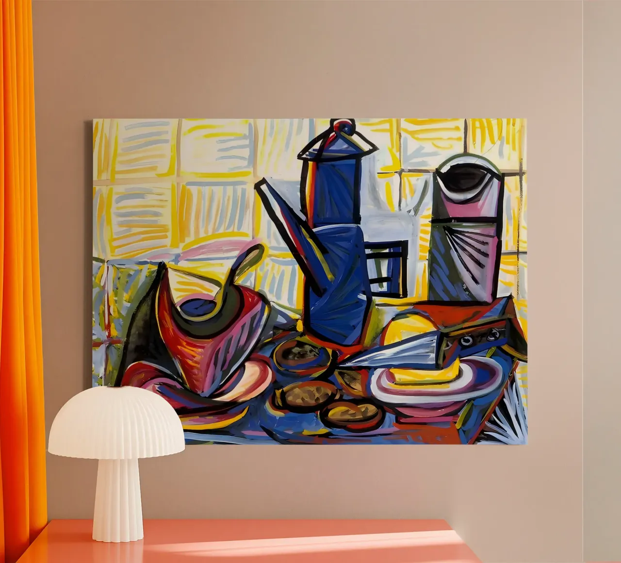 Kubistisch Stilleven Koffie Pot Abstract Keuken Kunst canvas met Baklijst van homdeco