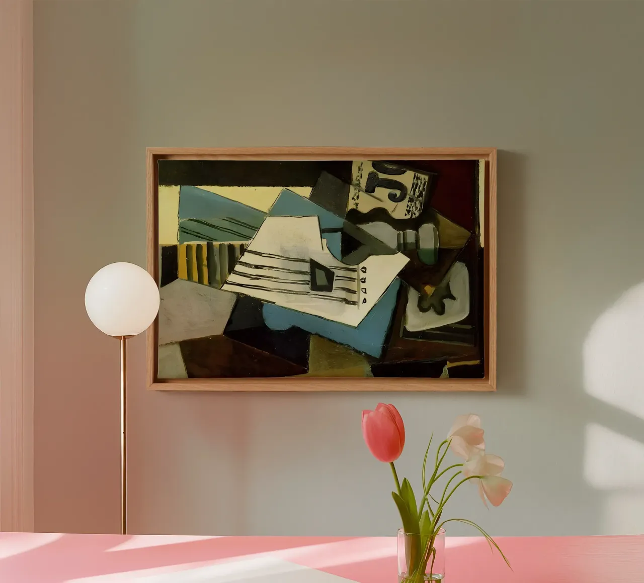 Cubist Still Life Sheet Music and Guitar Abstract canvas with Floater frame by homdeco