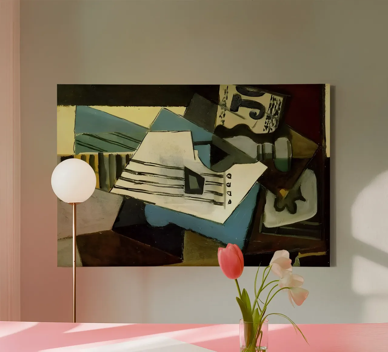Cubist Still Life Sheet Music and Guitar Abstract canvas with Floater frame by homdeco