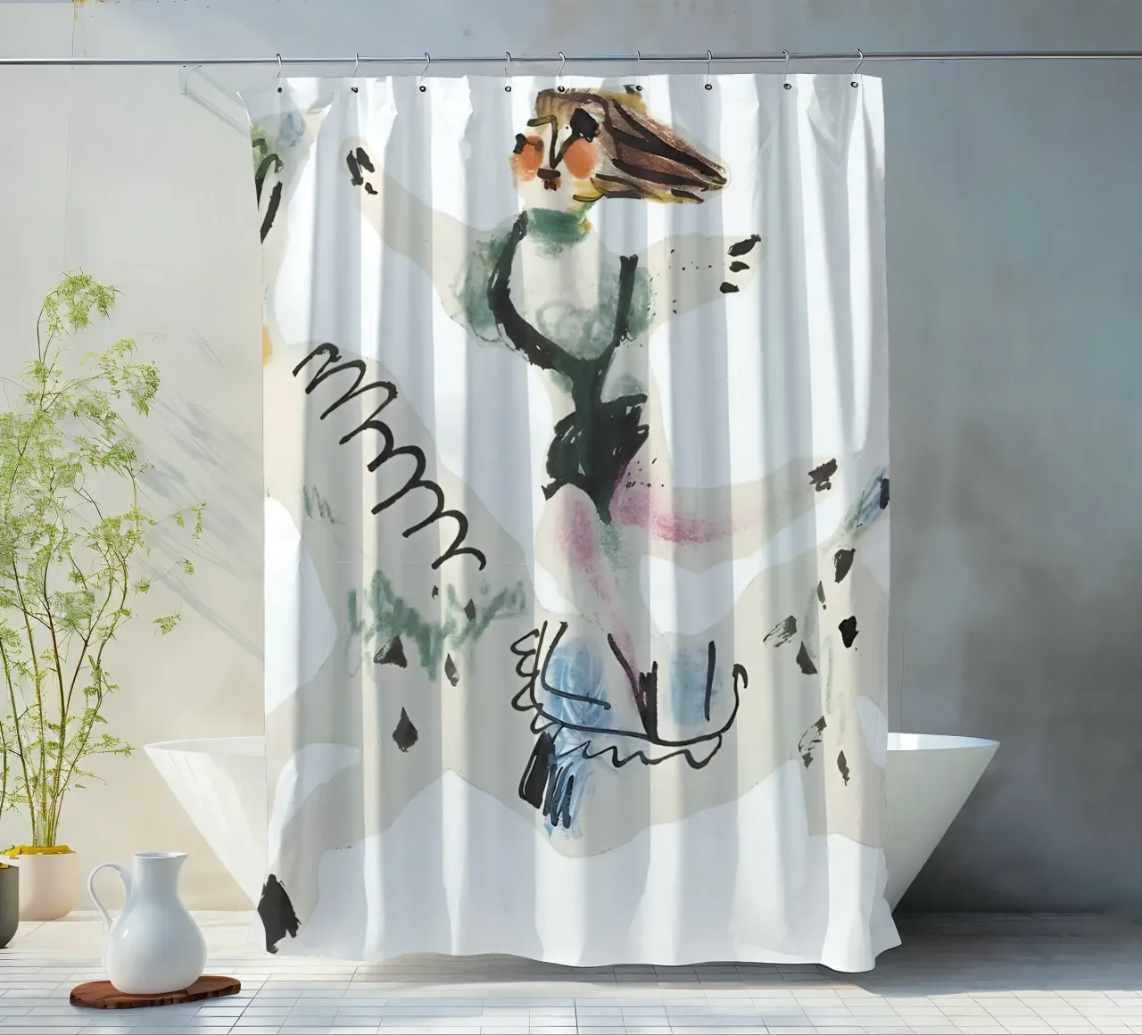 Abstrakte Reiterfigur Picasso inspirierte spielerische Kunst Duschvorhang von homdeco