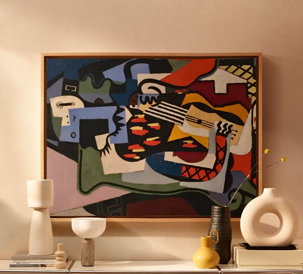 Kubistische Abstracte Compositie Gitaargezichten Levendig canvas met Baklijst van homdeco