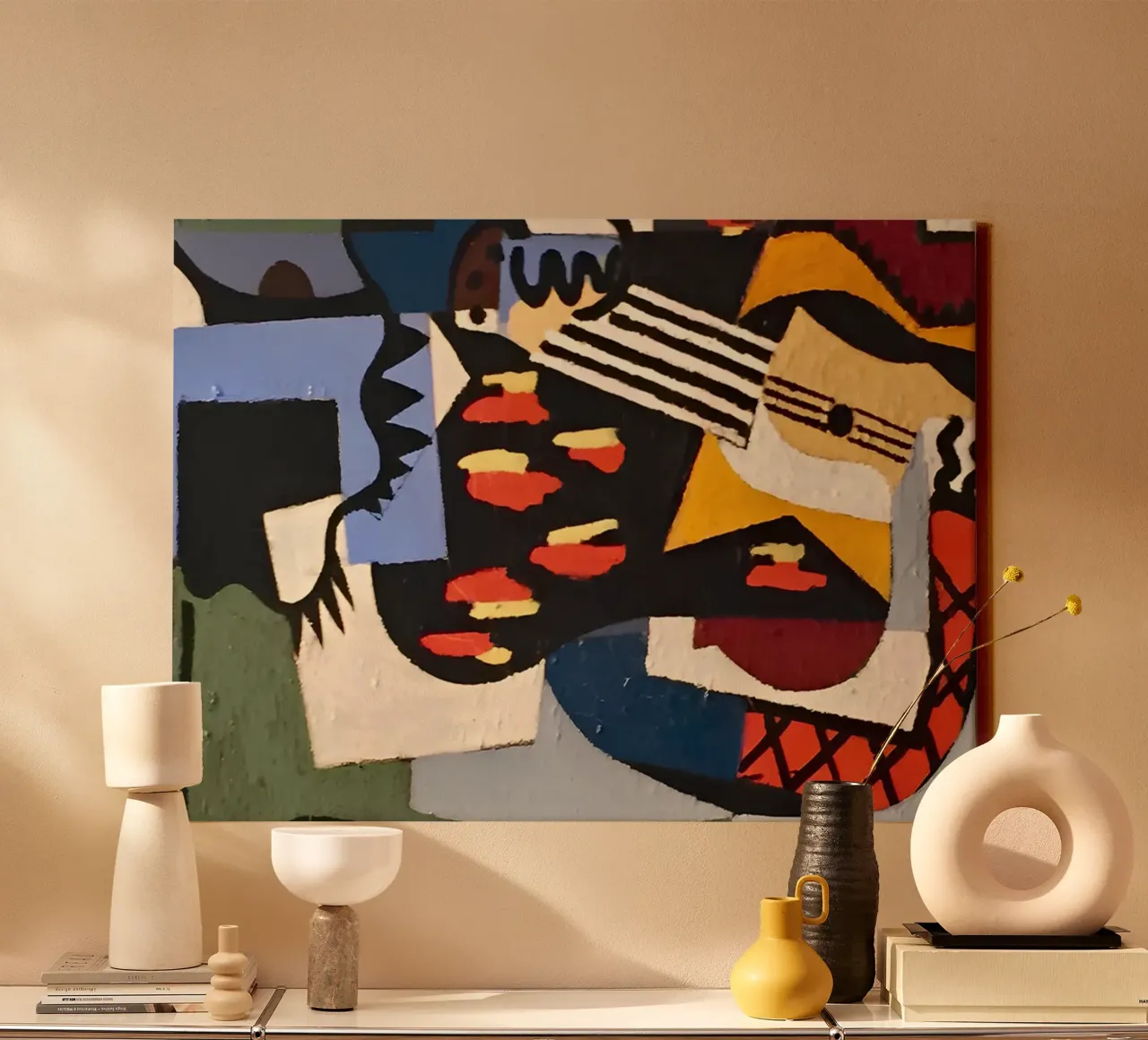 Kubistische Abstracte Compositie Gitaargezichten Levendig canvas met Baklijst van homdeco