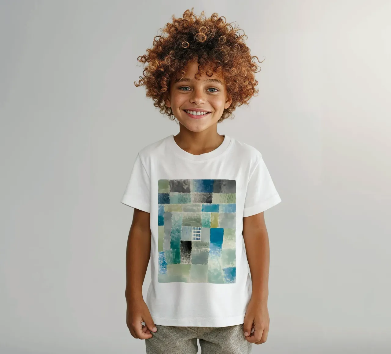 Paul Klee Abstract Patchwork Blue Green Window kids t-shirt by homdeco