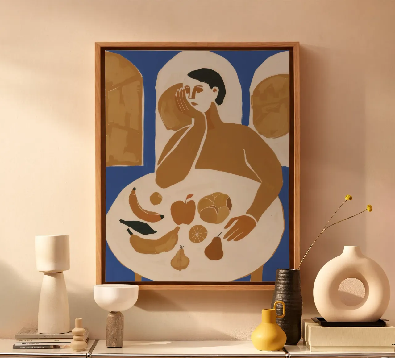 Contemplative Bread Sharer canvas with Floater frame by Veil Maya