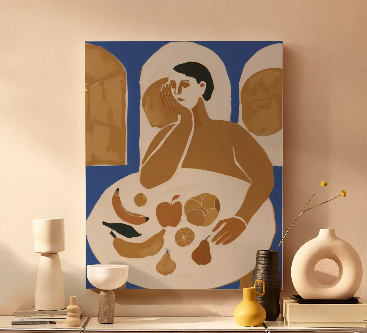 Contemplative Bread Sharer canvas with Floater frame by Veil Maya