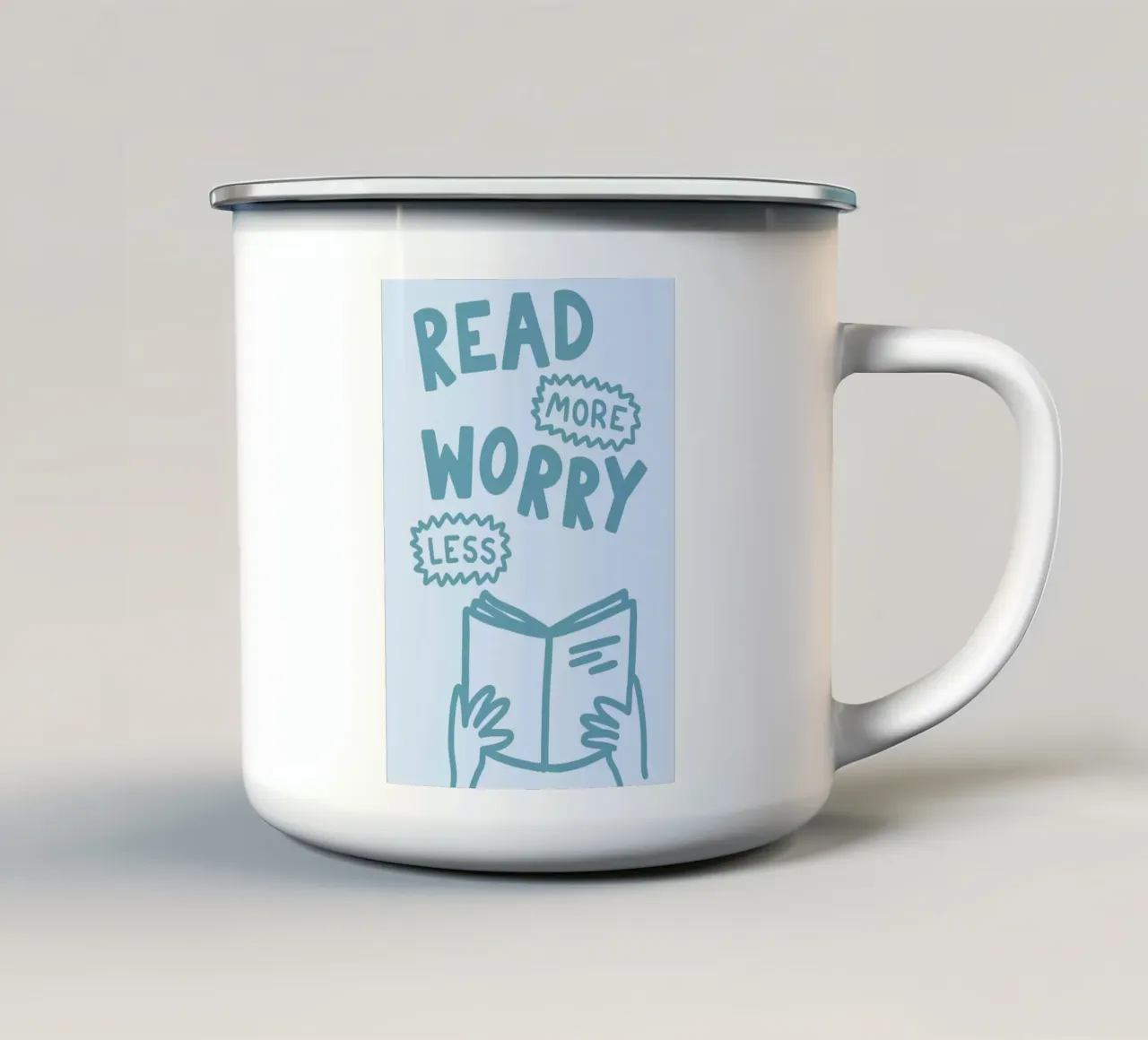 "Leggere di più preoccuparsi di meno Poster sulla salute mentale tazza in smalto da vintagepod