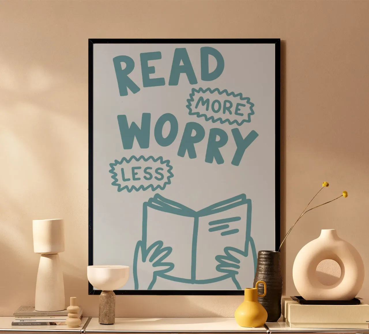 "Leggere di più preoccuparsi di meno Poster sulla salute mentale poster con telaio in alluminio da vintagepod