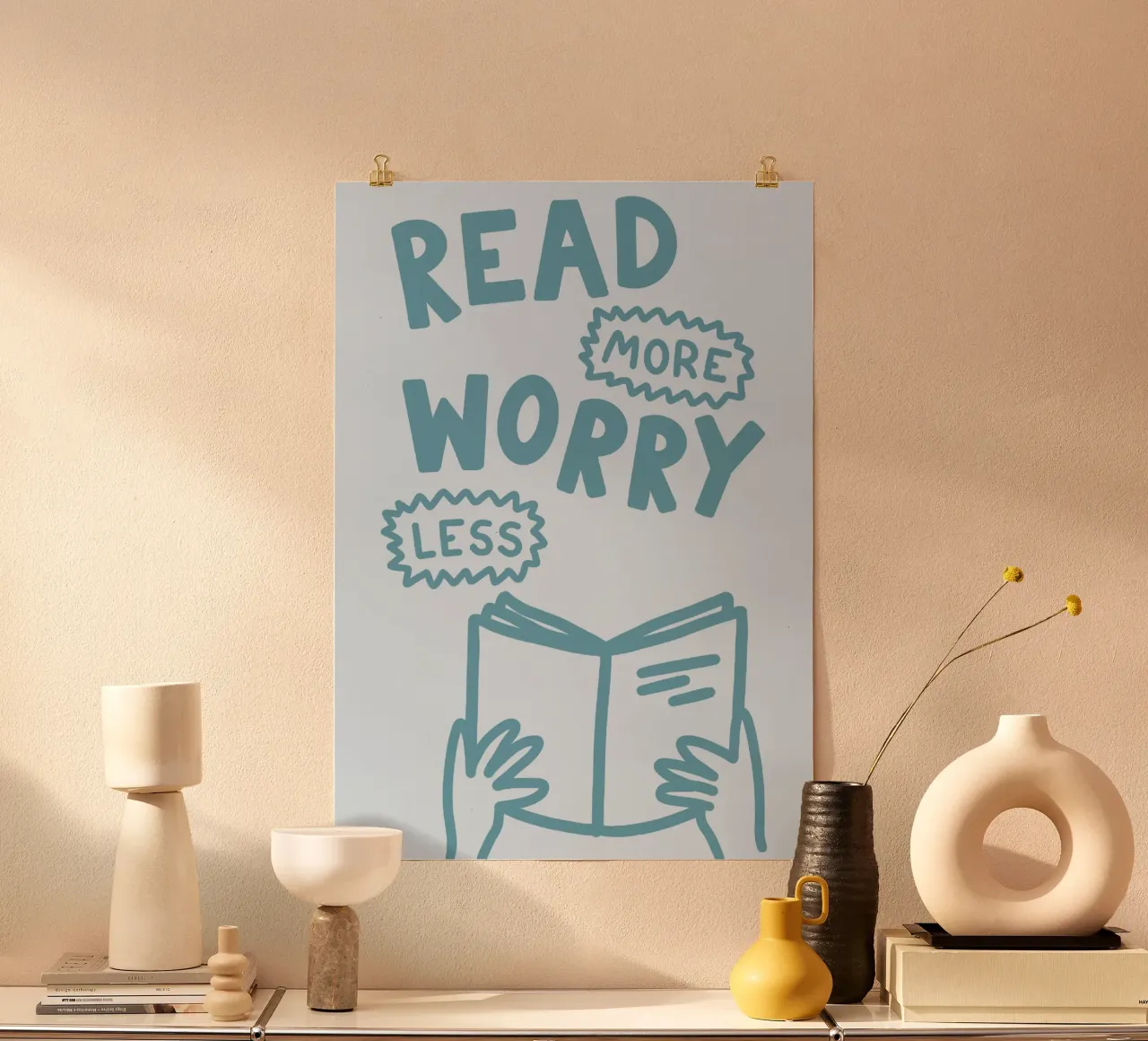 "Leggere di più preoccuparsi di meno Poster sulla salute mentale poster con telaio in alluminio da vintagepod