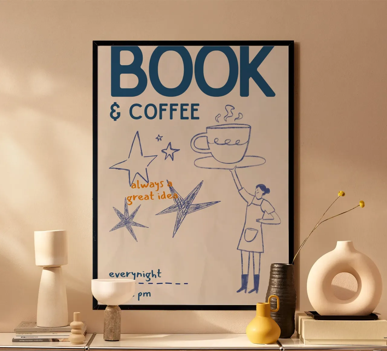 "Libro e caffè: Sempre un'ottima idea" Poster del rituale notturno poster con telaio in plastica da vintagepod