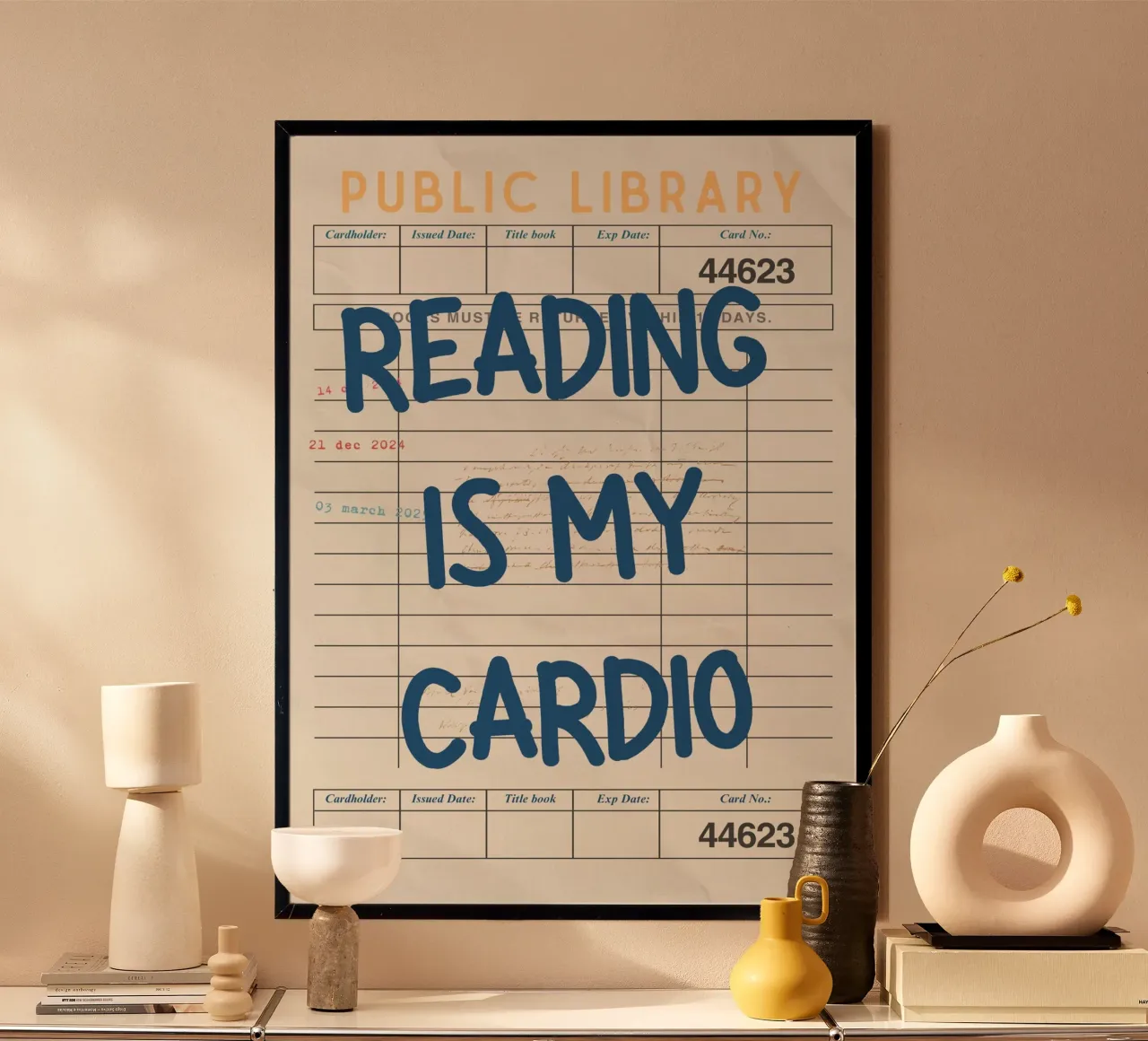 Poster d'epoca della biblioteca "La lettura è il mio cardio". poster con telaio in legno da vintagepod