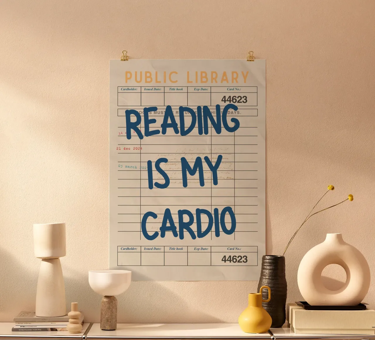 Poster d'epoca della biblioteca "La lettura è il mio cardio". poster con telaio in legno da vintagepod