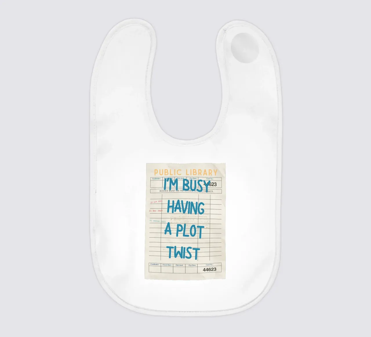"I'm Busy Having a Plot Twist" Library Card Poster baby bib by vintagepod