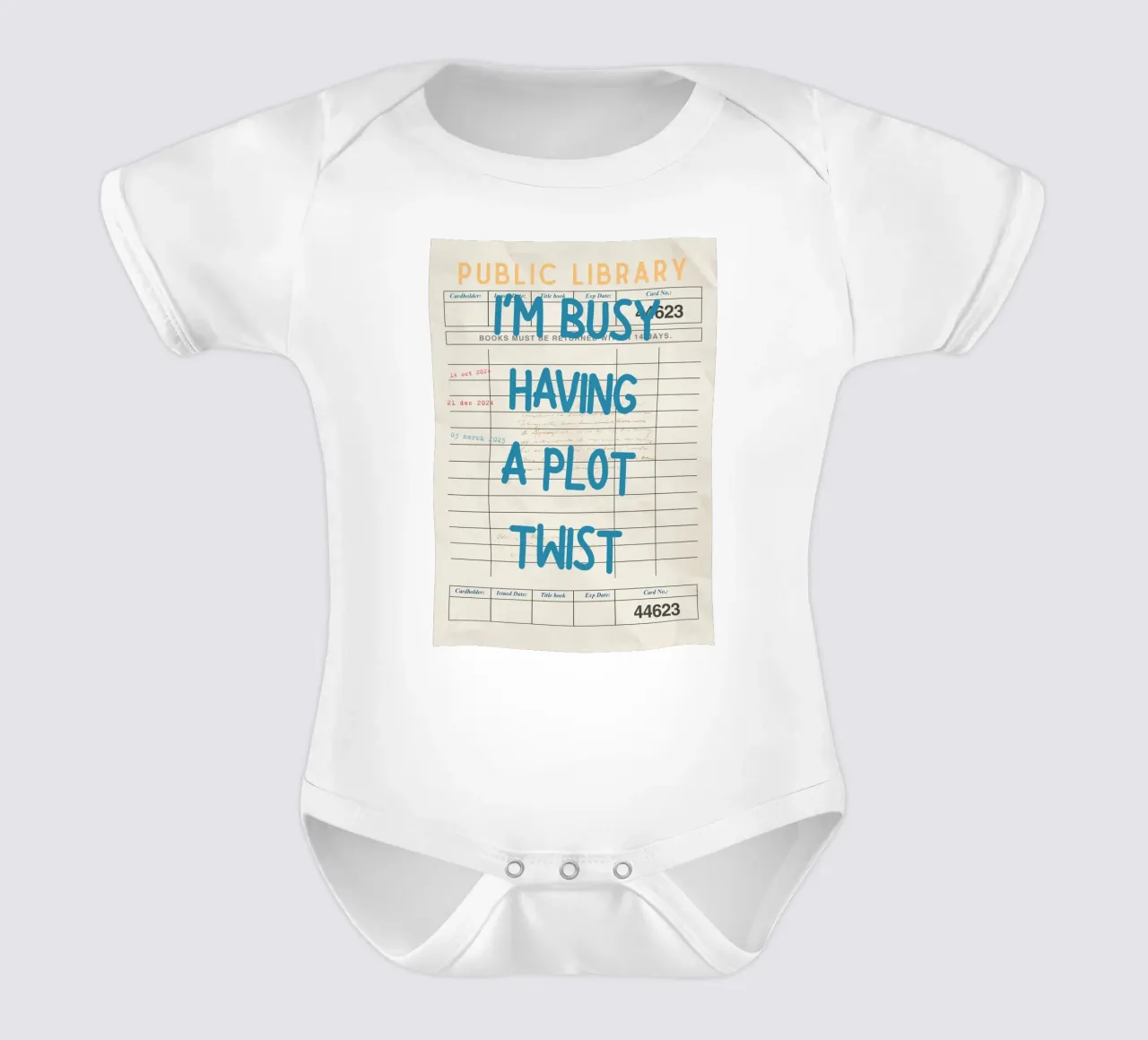 "I'm Busy Having a Plot Twist" Library Card Poster short-sleeve baby romper by vintagepod