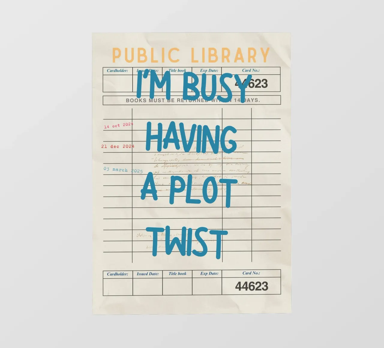 Affiche de la carte de bibliothèque "Je m'occupe d'une intrigue" (I'm Busy Having a Plot Twist) bâche pvc de vintagepod