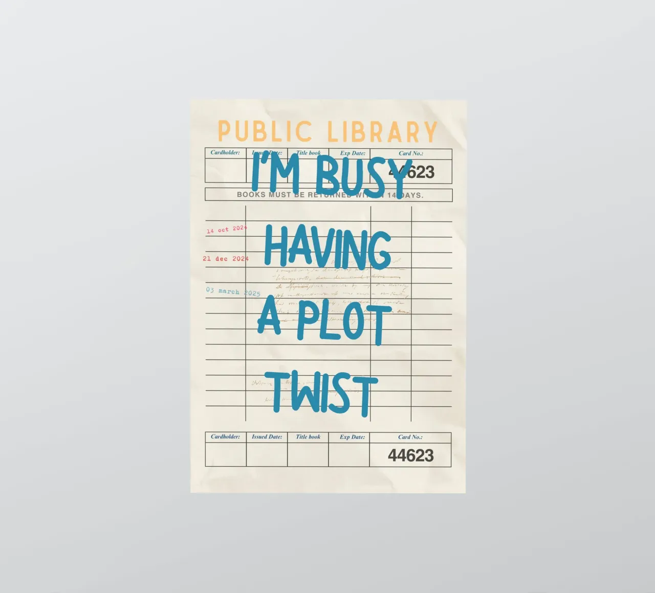 Affiche de la carte de bibliothèque "Je m'occupe d'une intrigue" (I'm Busy Having a Plot Twist) autocollant de vintagepod