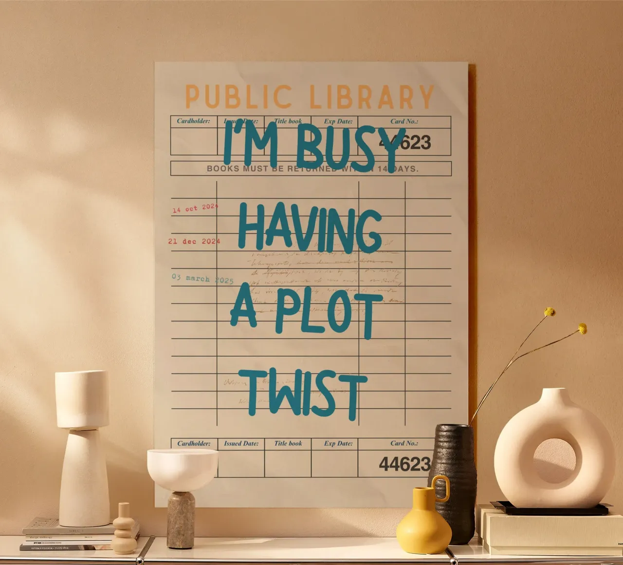 Affiche de la carte de bibliothèque "Je m'occupe d'une intrigue" (I'm Busy Having a Plot Twist) plexiglas de vintagepod