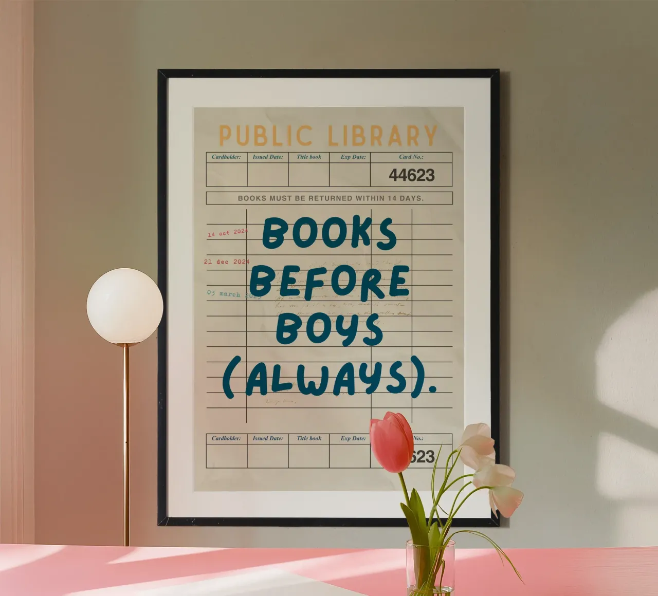 "I libri prima dei ragazzi (sempre)" Poster di una biblioteca d'epoca poster con telaio in legno da vintagepod