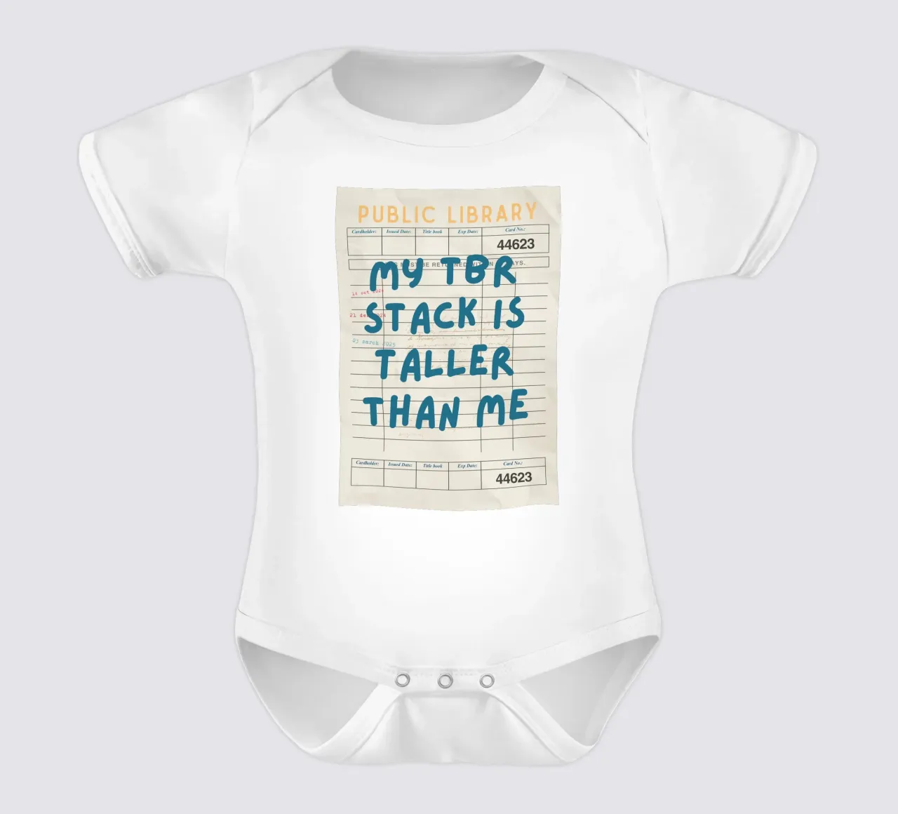 "My TBR Stack Is Taller Than Me" Library Card Poster short-sleeve baby romper by vintagepod