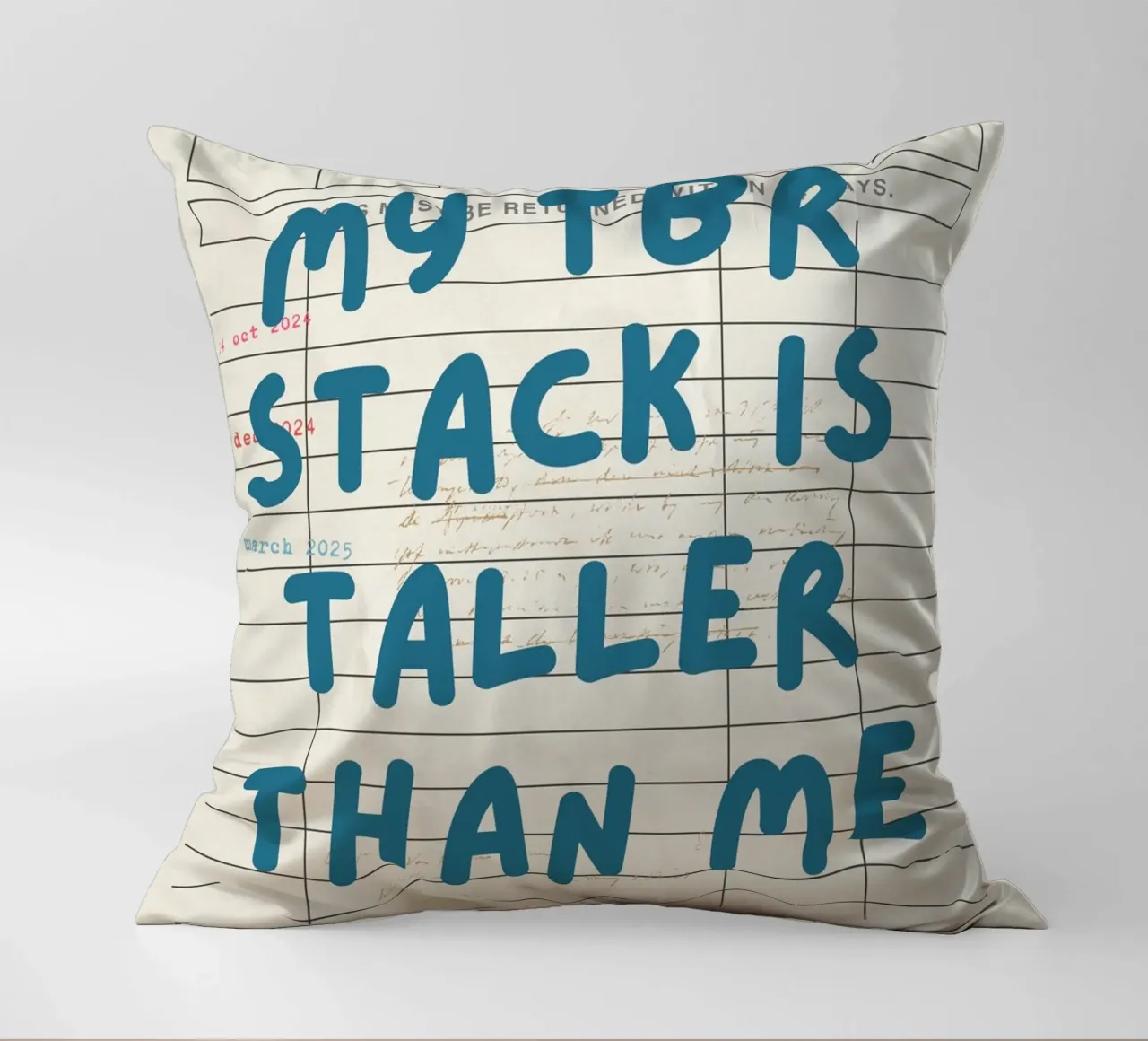 "My TBR Stack Is Taller Than Me" Library Card Poster decorative cushion by vintagepod
