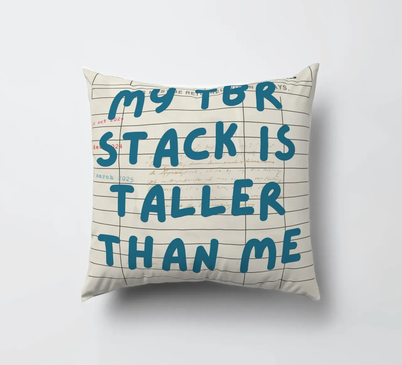 "My TBR Stack Is Taller Than Me" Library Card Poster decorative cushion by vintagepod
