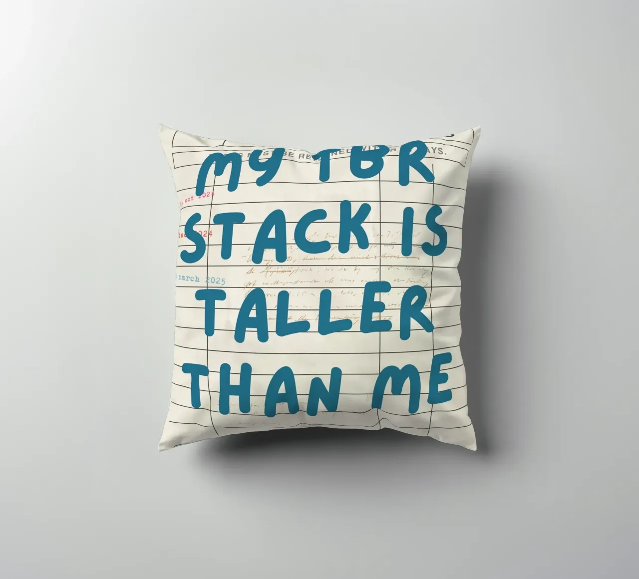 "My TBR Stack Is Taller Than Me" Library Card Poster decorative cushion by vintagepod