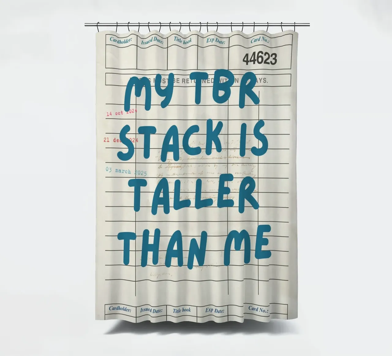 "My TBR Stack Is Taller Than Me" Library Card Poster shower curtain by vintagepod