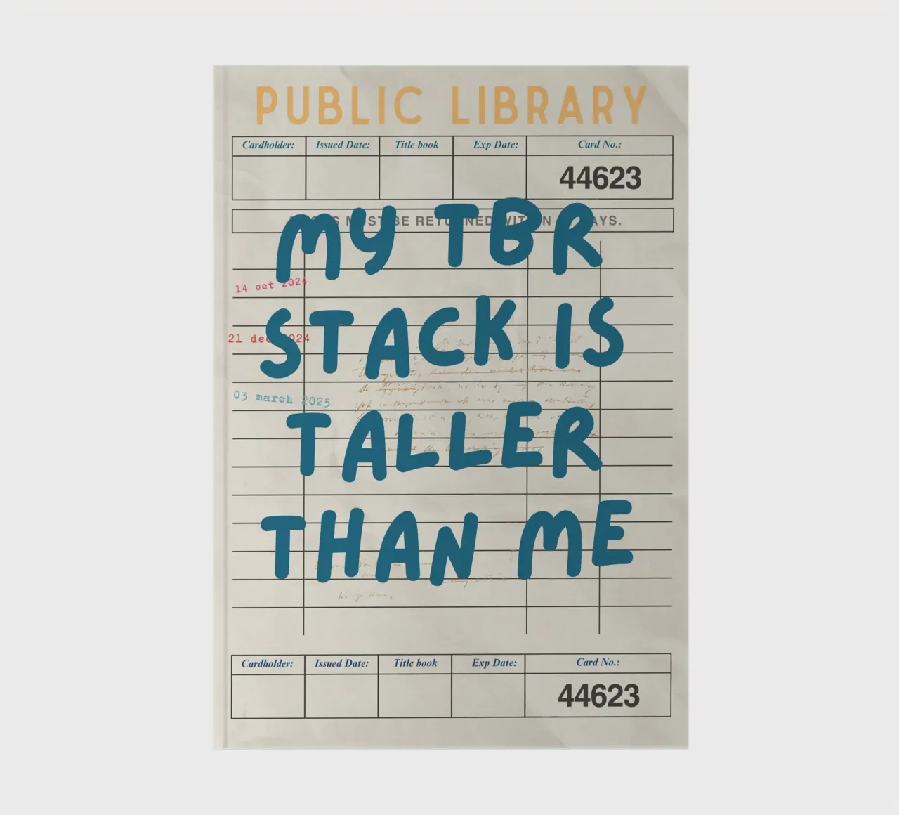 "My TBR Stack Is Taller Than Me" Library Card Poster notebook by vintagepod