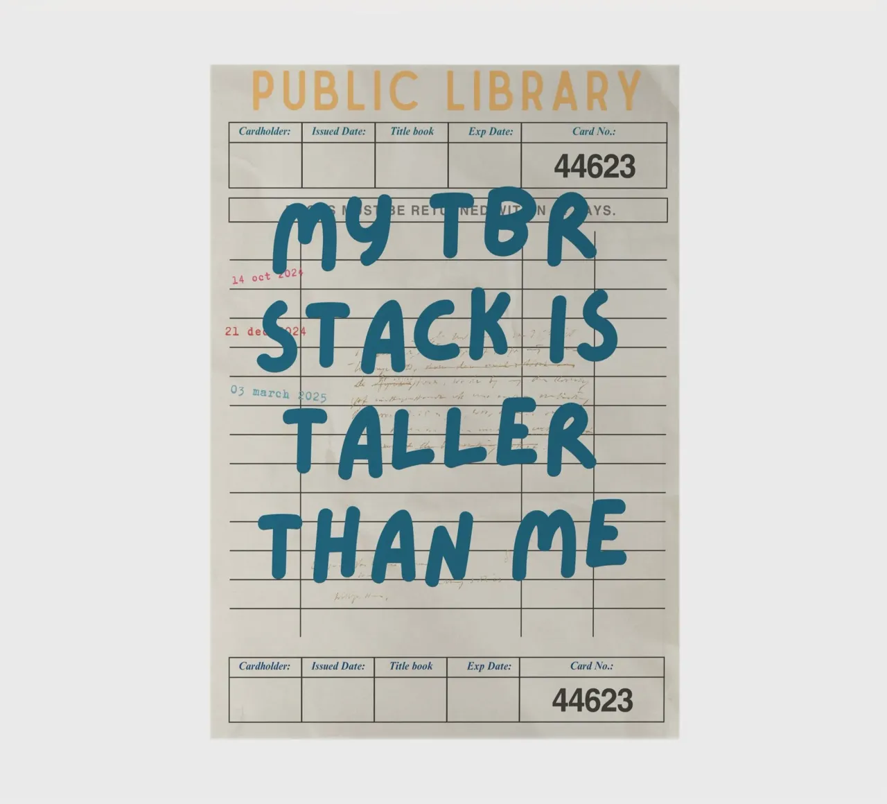 "My TBR Stack Is Taller Than Me" Library Card Poster notebook by vintagepod