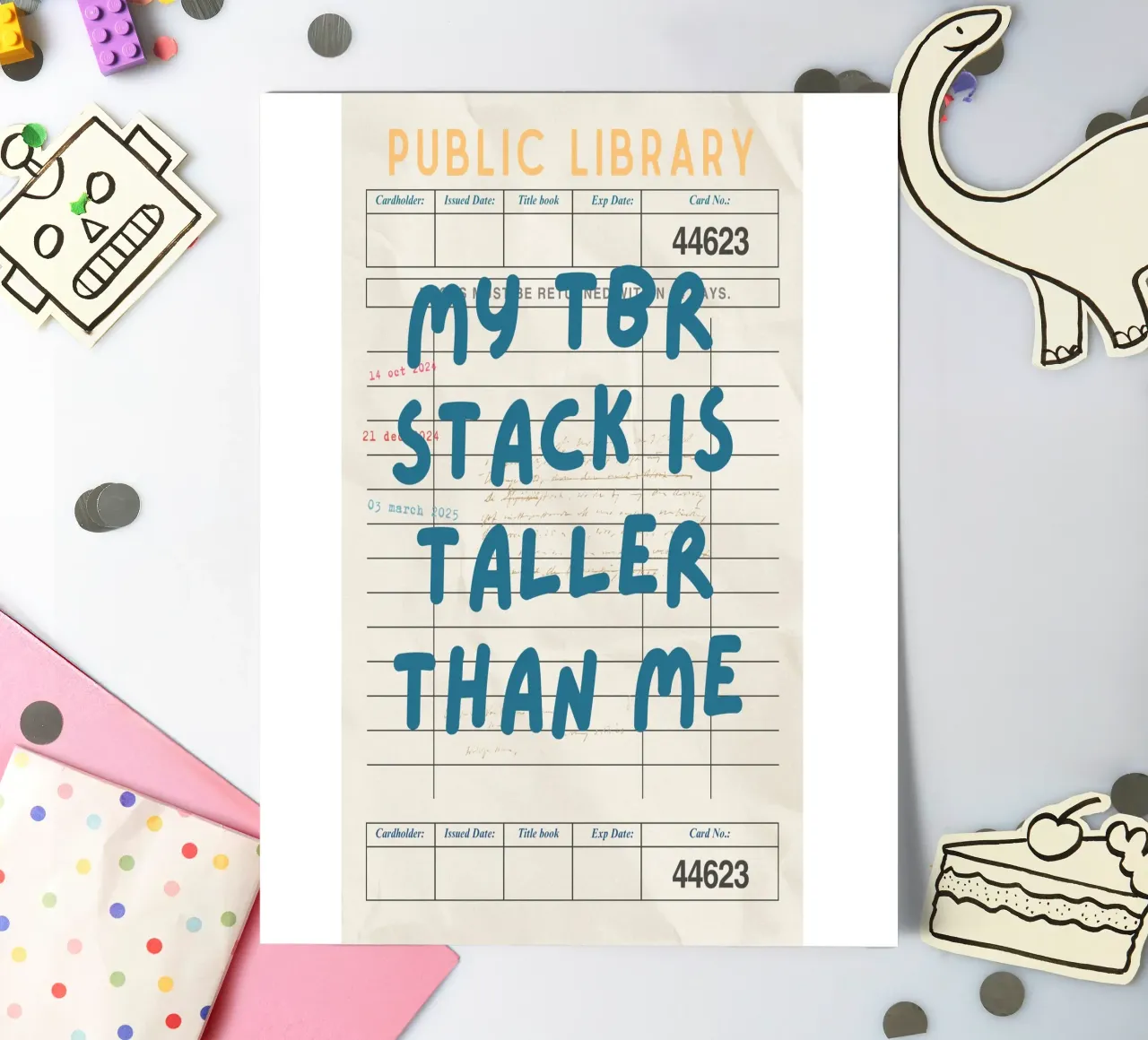 "My TBR Stack Is Taller Than Me" Library Card Poster sticker sheet by vintagepod