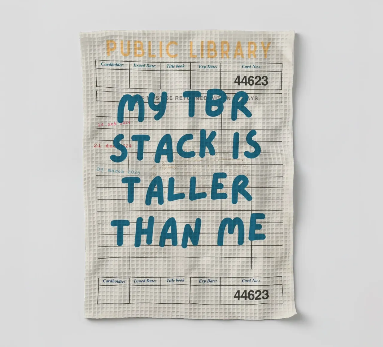 "My TBR Stack Is Taller Than Me" Library Card Poster tea towel by vintagepod