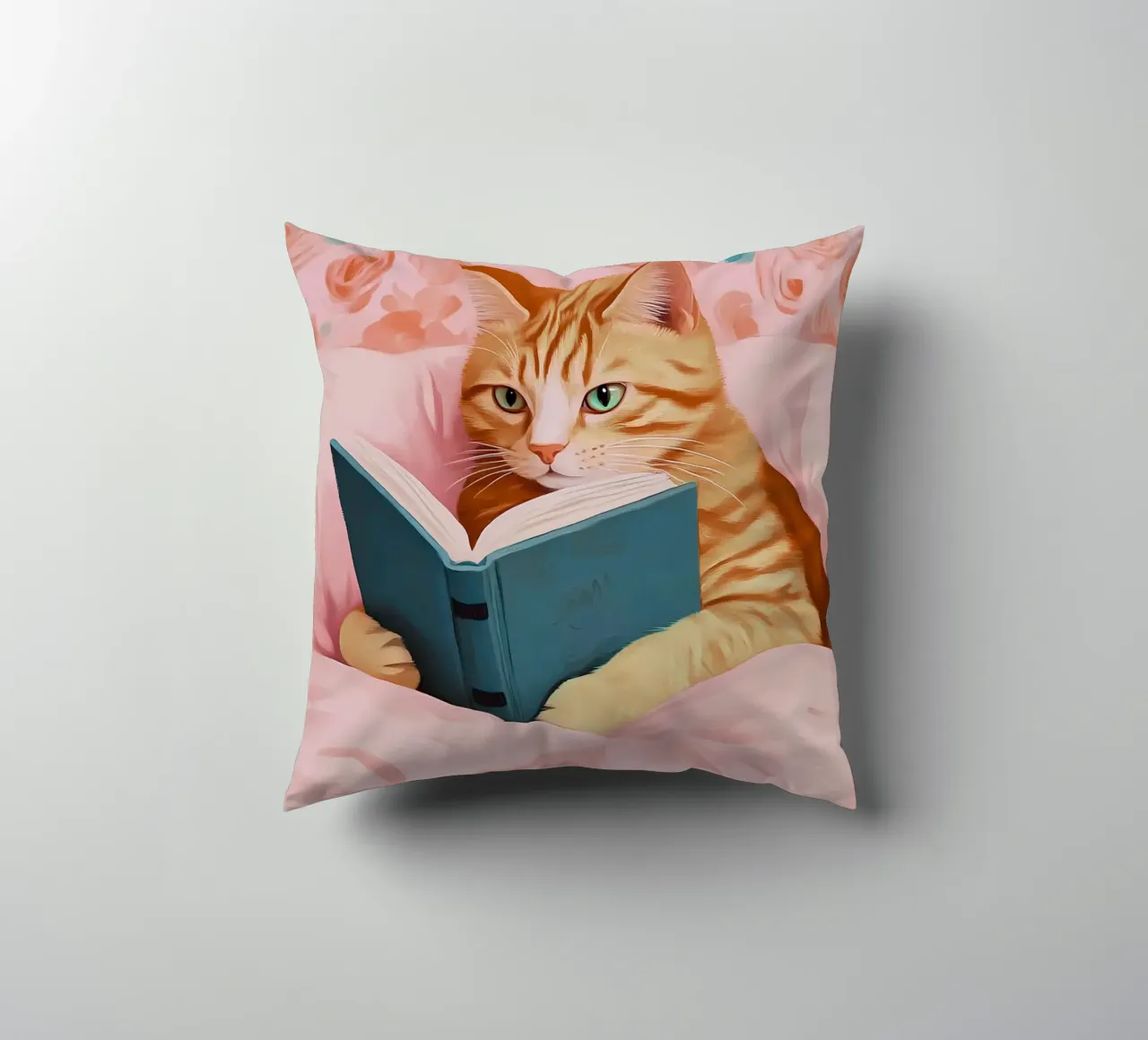 Tabby Katze lesend im Bett - Gemütlicher Bücherwurm Kunst Kissen von vintagepod