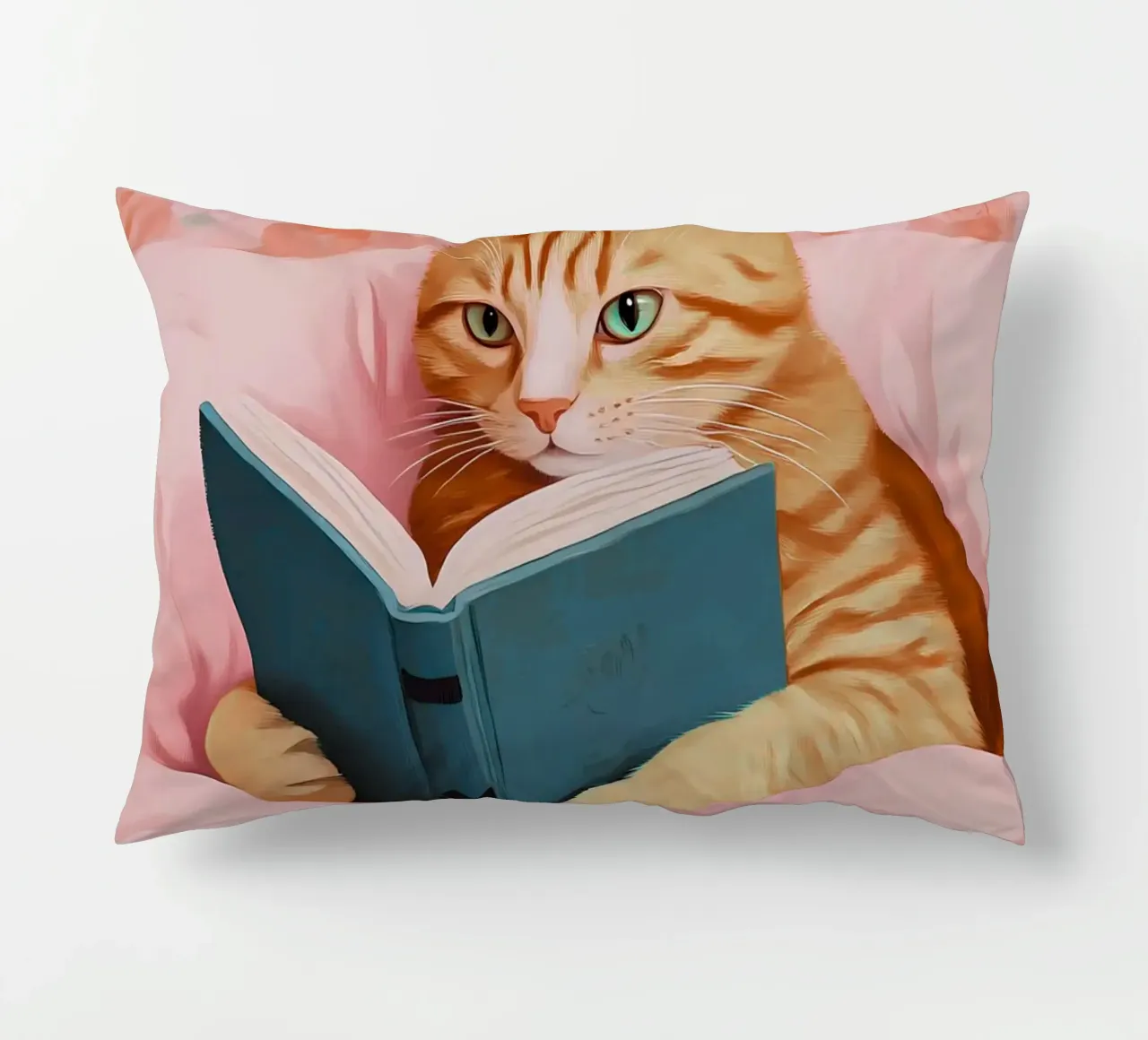 Tabby Katze lesend im Bett - Gemütlicher Bücherwurm Kunst Kissen von vintagepod