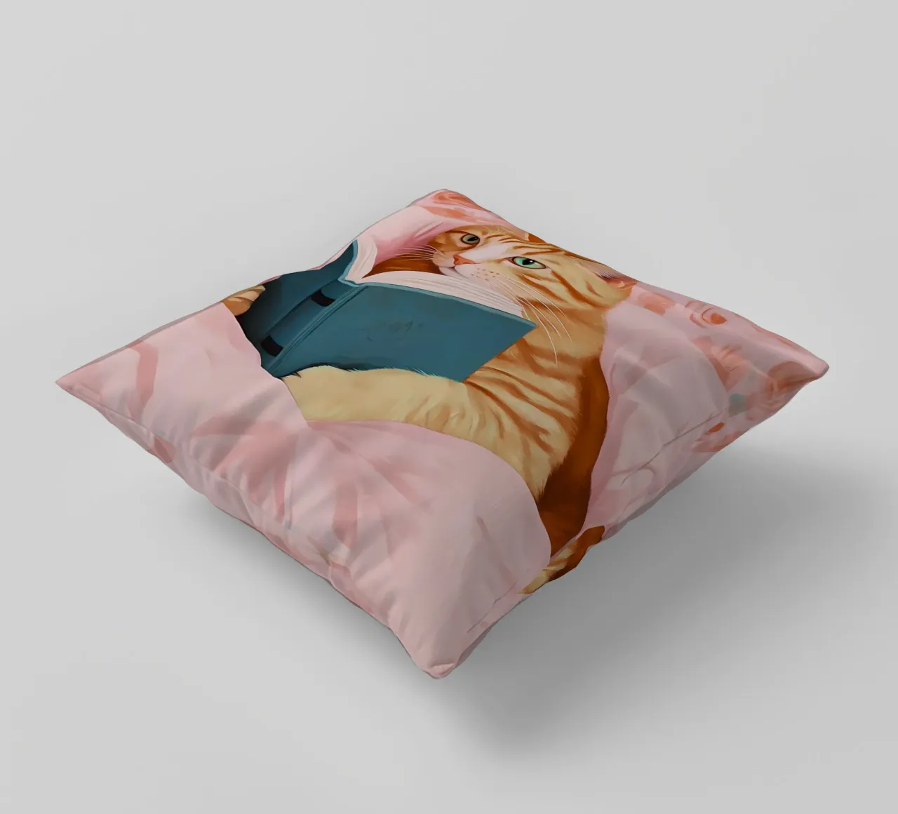 Tabby Katze lesend im Bett - Gemütlicher Bücherwurm Kunst Kissen von vintagepod