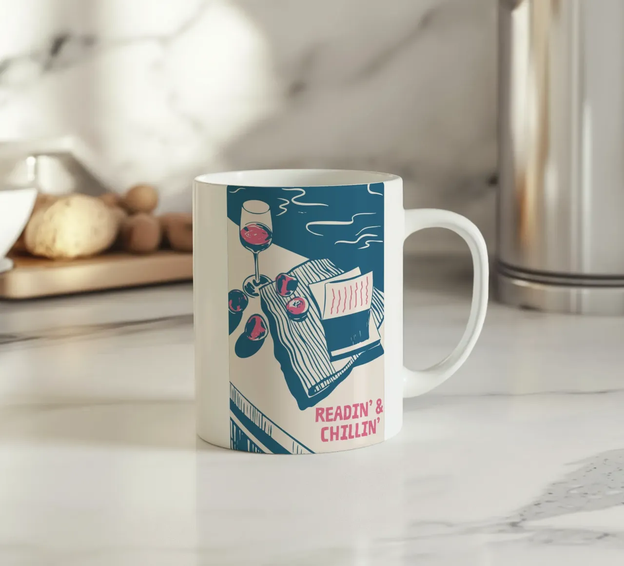 Affiche esthétique "Readin' & Chillin'" Wine & Book mug en céramique de vintagepod