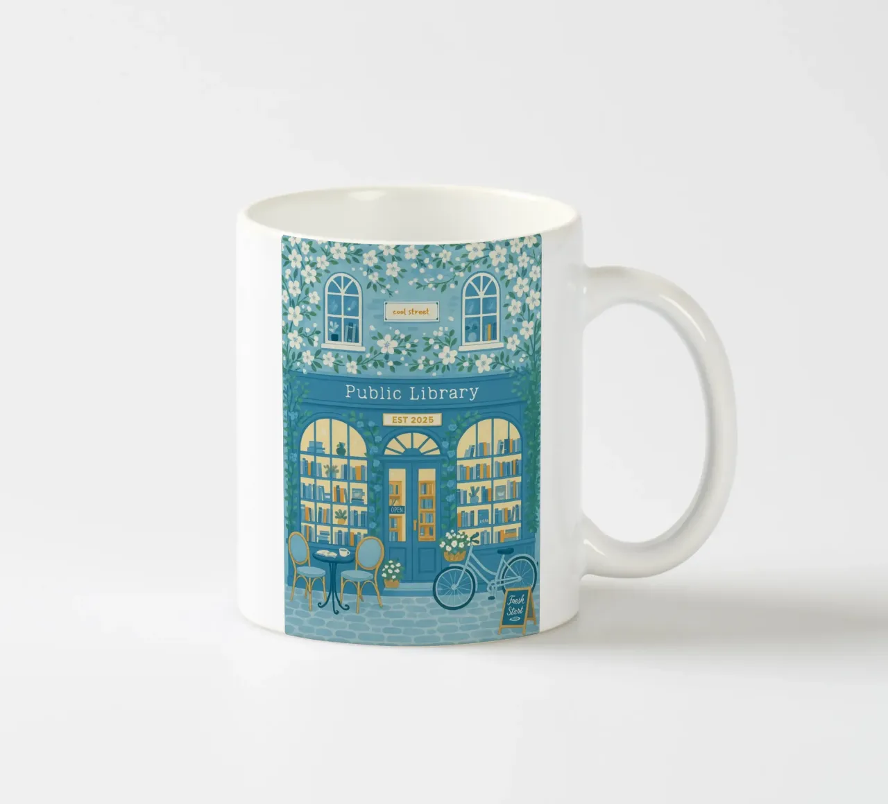 "Openbare bibliotheek: Frisse start" Blauw-witte bloemsierkunst keramische mok van vintagepod