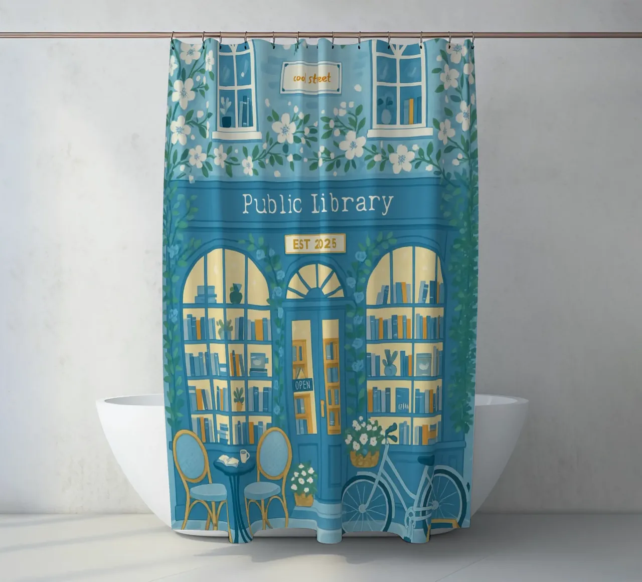 "Openbare bibliotheek: Frisse start" Blauw-witte bloemsierkunst douchegordijn van vintagepod