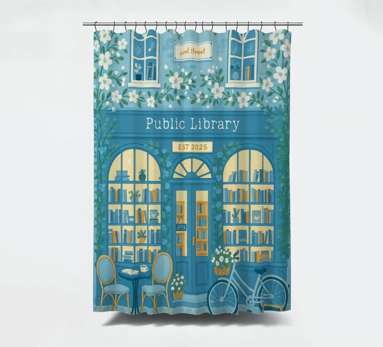 "Openbare bibliotheek: Frisse start" Blauw-witte bloemsierkunst douchegordijn van vintagepod