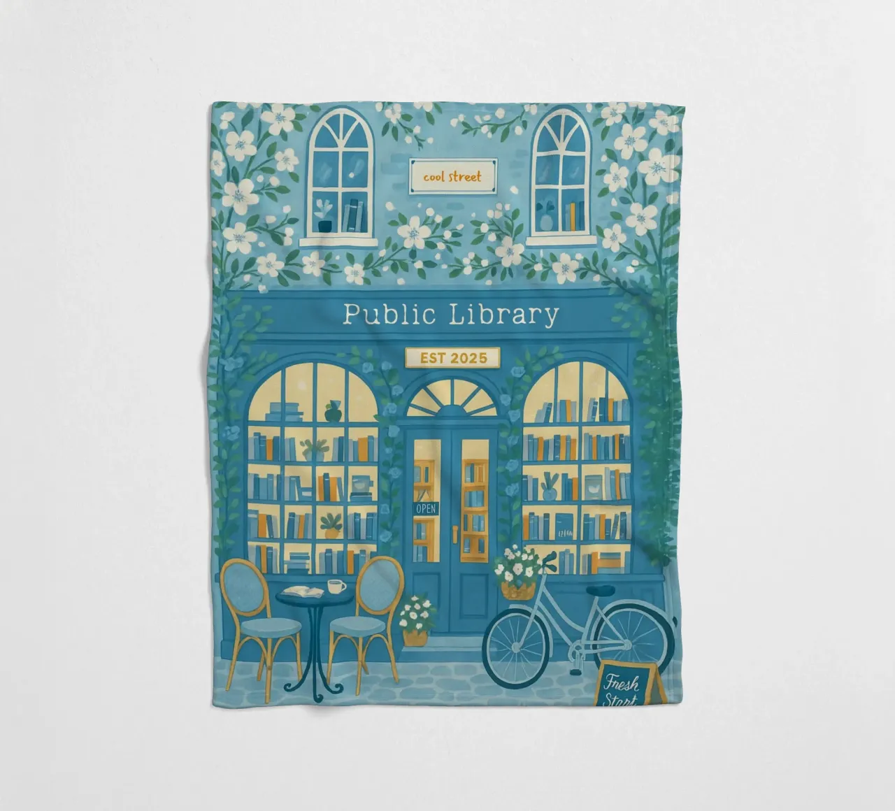 "Openbare bibliotheek: Frisse start" Blauw-witte bloemsierkunst fleecedeken van vintagepod