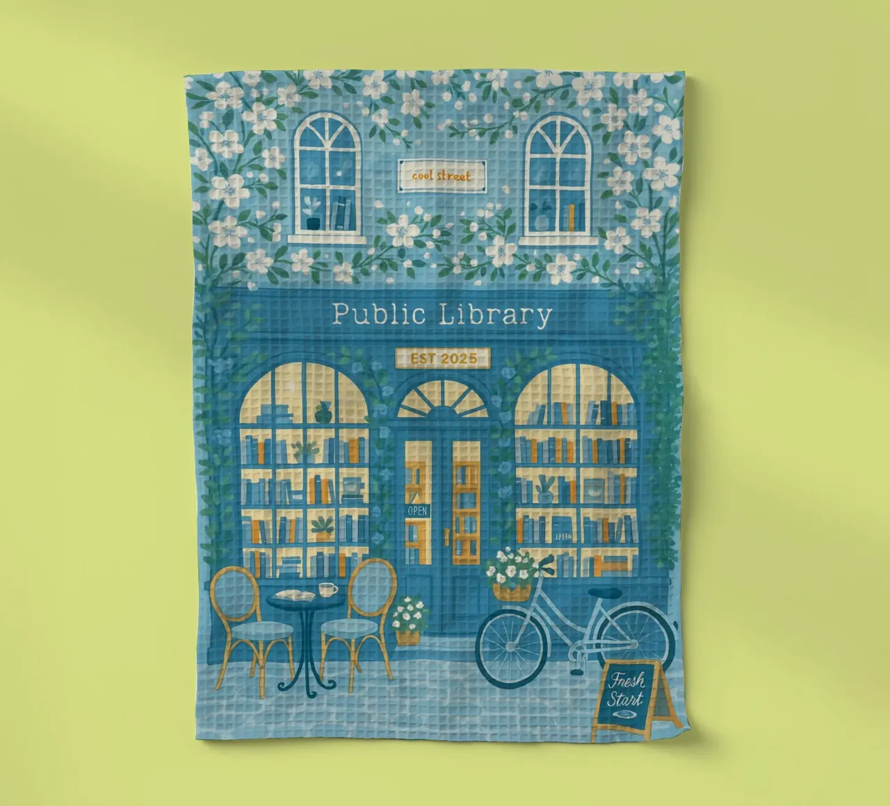 "Openbare bibliotheek: Frisse start" Blauw-witte bloemsierkunst theedoek van vintagepod