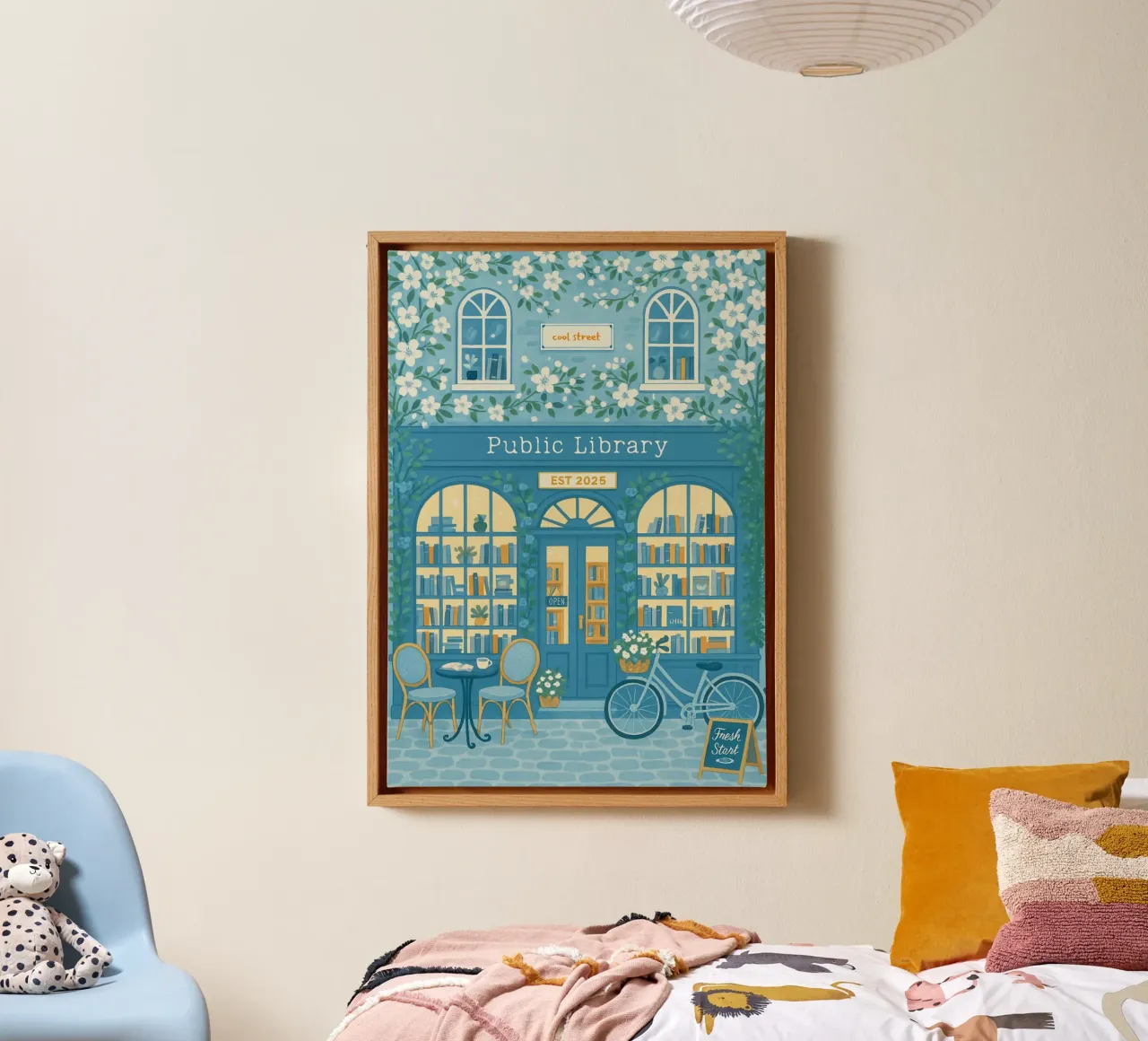 "Biblioteca pubblica: Un nuovo inizio" Arte floreale blu e bianca tela con Cornice a cassetta da vintagepod