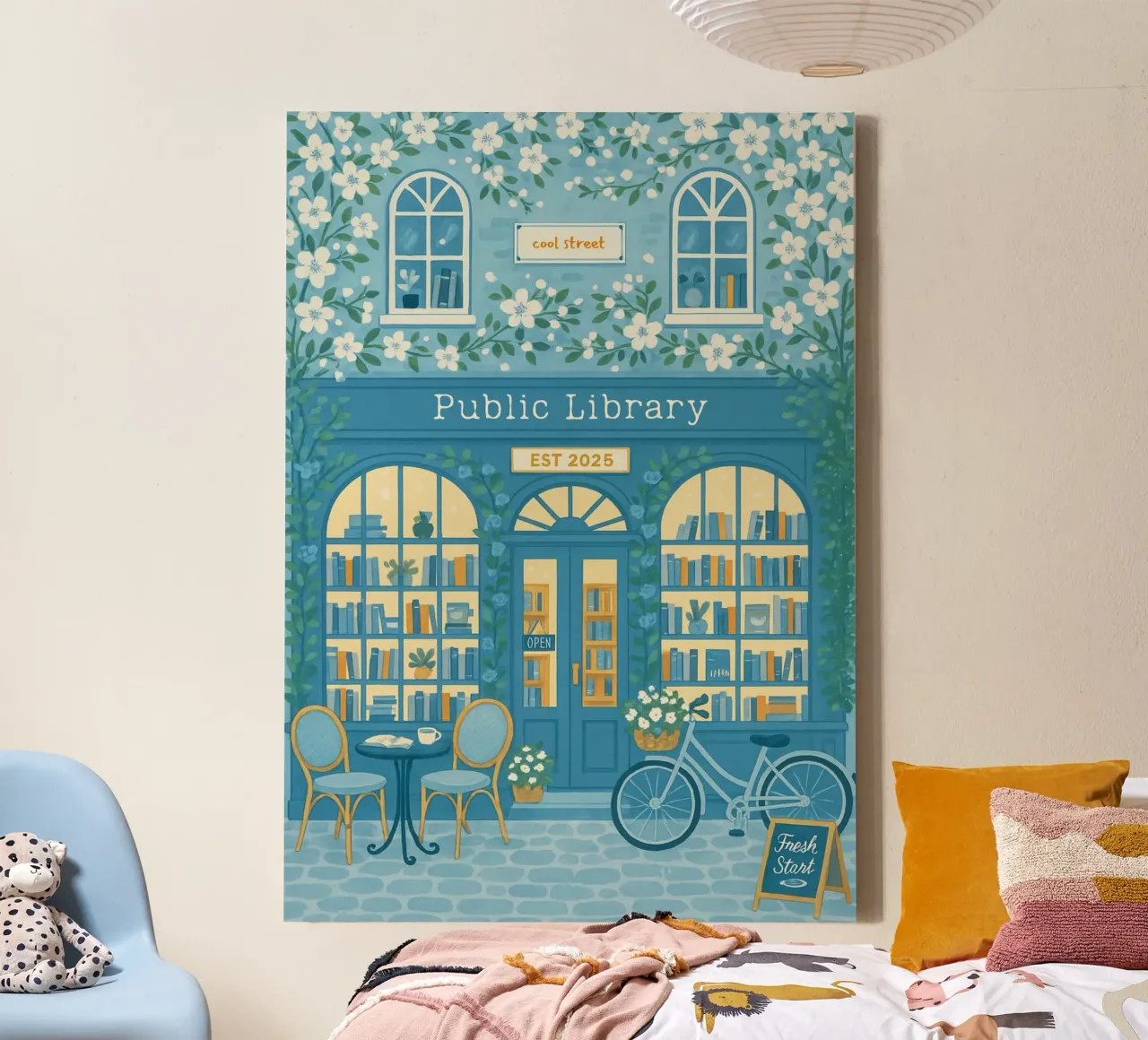 "Biblioteca pubblica: Un nuovo inizio" Arte floreale blu e bianca tela con Cornice a cassetta da vintagepod