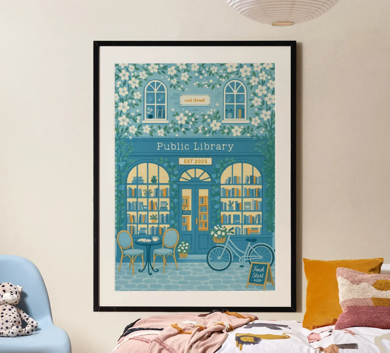 "Biblioteca pubblica: Un nuovo inizio" Arte floreale blu e bianca poster da vintagepod