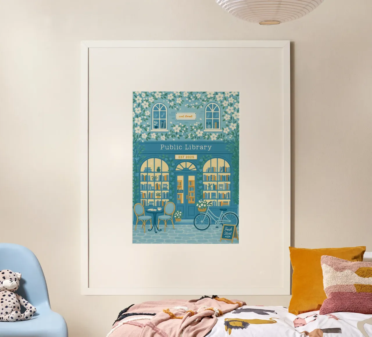 "Biblioteca pubblica: Un nuovo inizio" Arte floreale blu e bianca poster da vintagepod