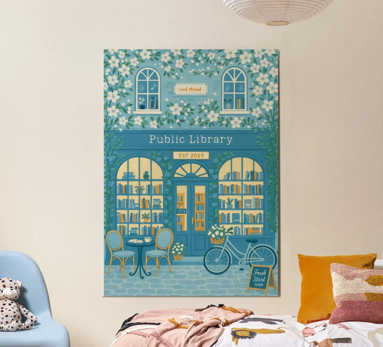 "Biblioteca pubblica: Un nuovo inizio" Arte floreale blu e bianca poster da vintagepod