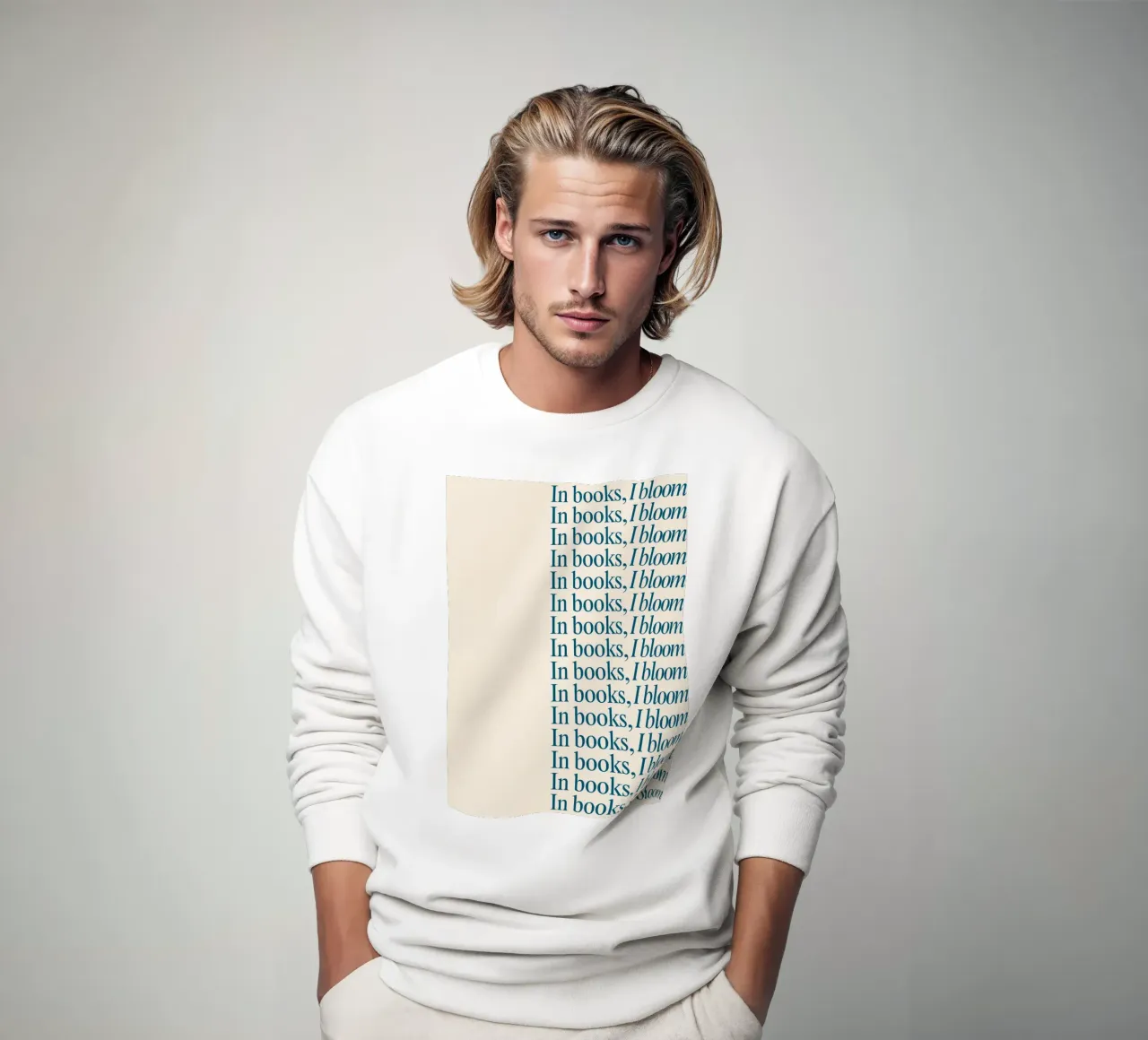 "In Books, I Bloom" Repetitive Typography Art Print sweatshirt by vintagepod